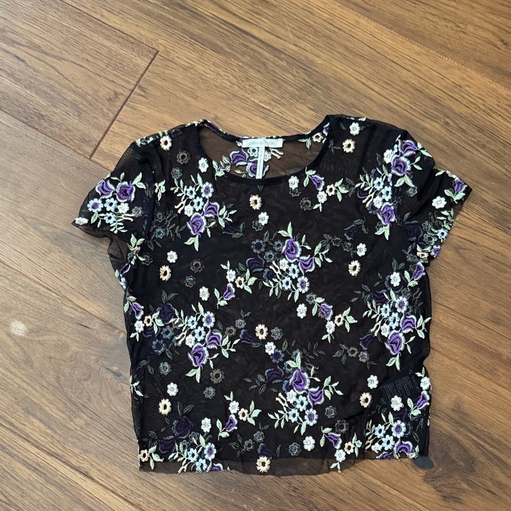 Urban Outfitters Black Sheer Floral Embroidered Crop Top with Purple Accents